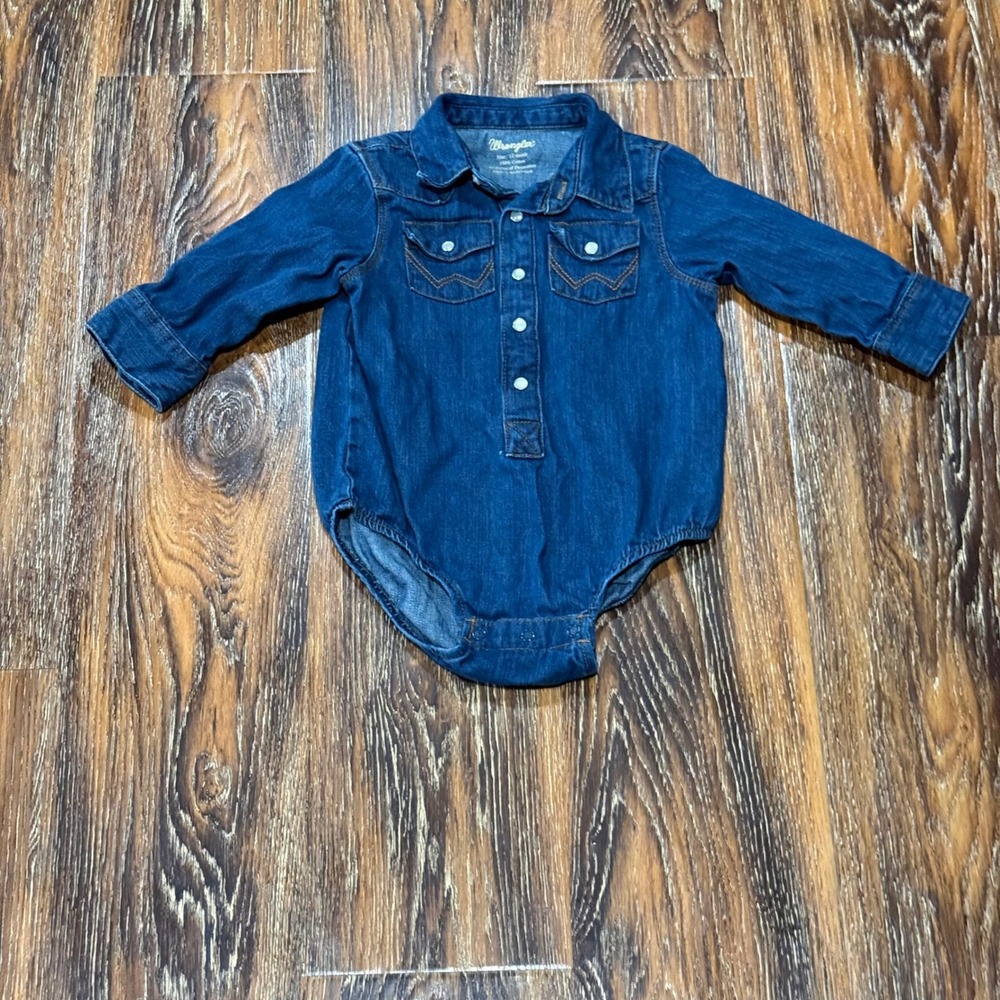Wrangler 12M Denim Bodysuit Blue Western Pearl Snap Long Sleeve Shirt Boys Girls
